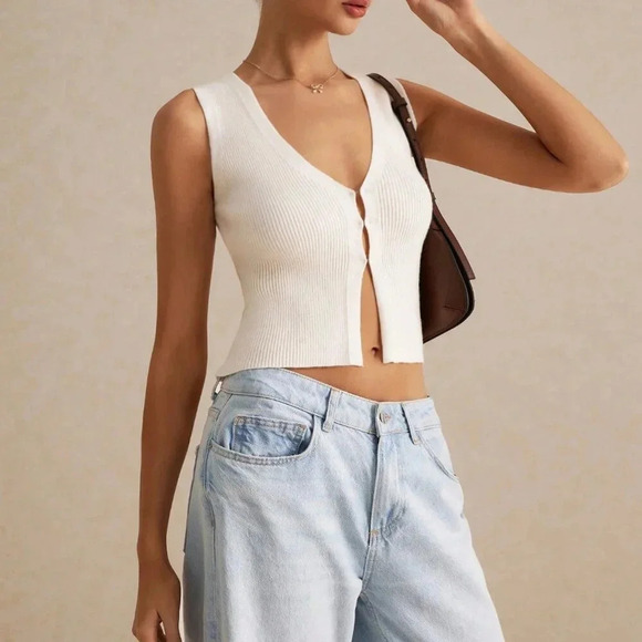 Beige Casual Women's Sleeveless Knit Open Placket Tank Top Vest - Picture 2 of 7